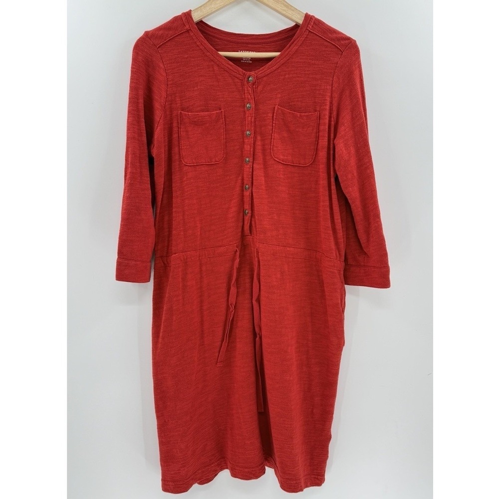 Lands' End Red Roll Tab Sleeve Dress Drawstring Waist Pockets M/P Preppy Boho